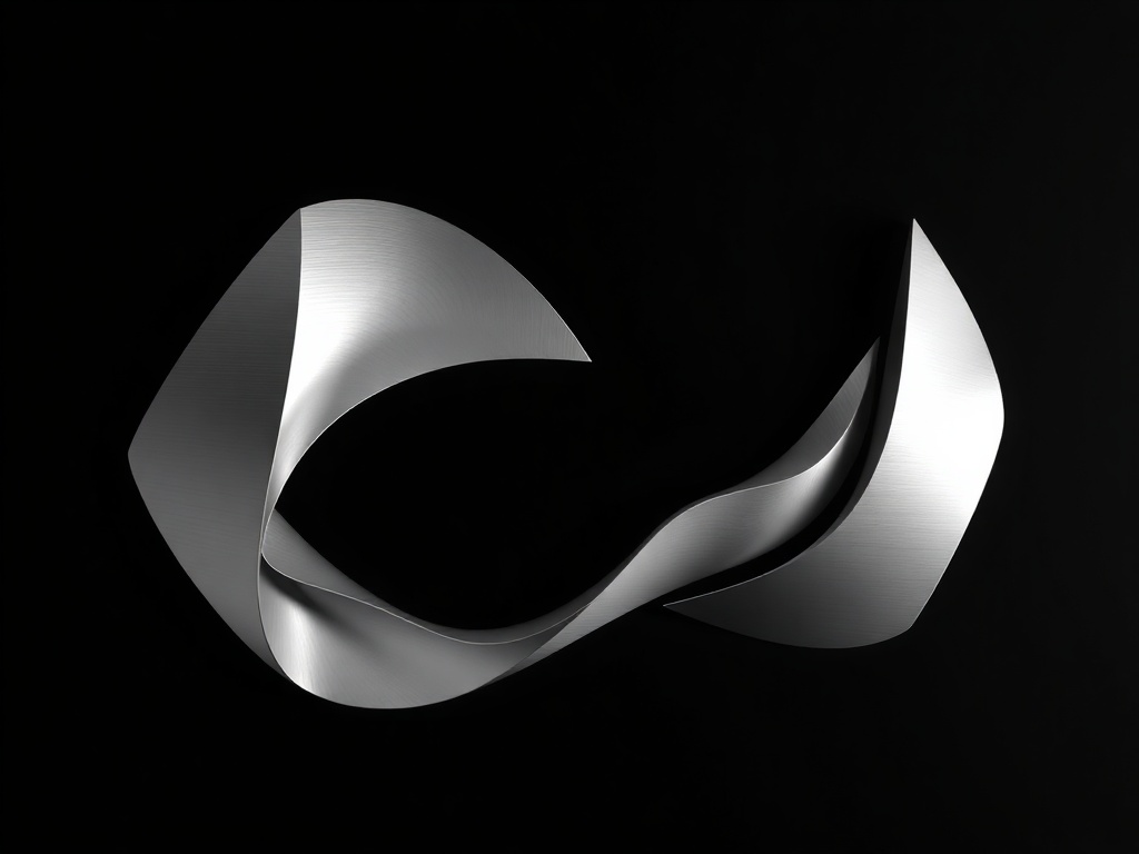 Abstract geometric shape inspired by a flowing river, rendered in brushed silver with a subtle gradient, on a dark background. 8k, photorealistic, commercial photography.